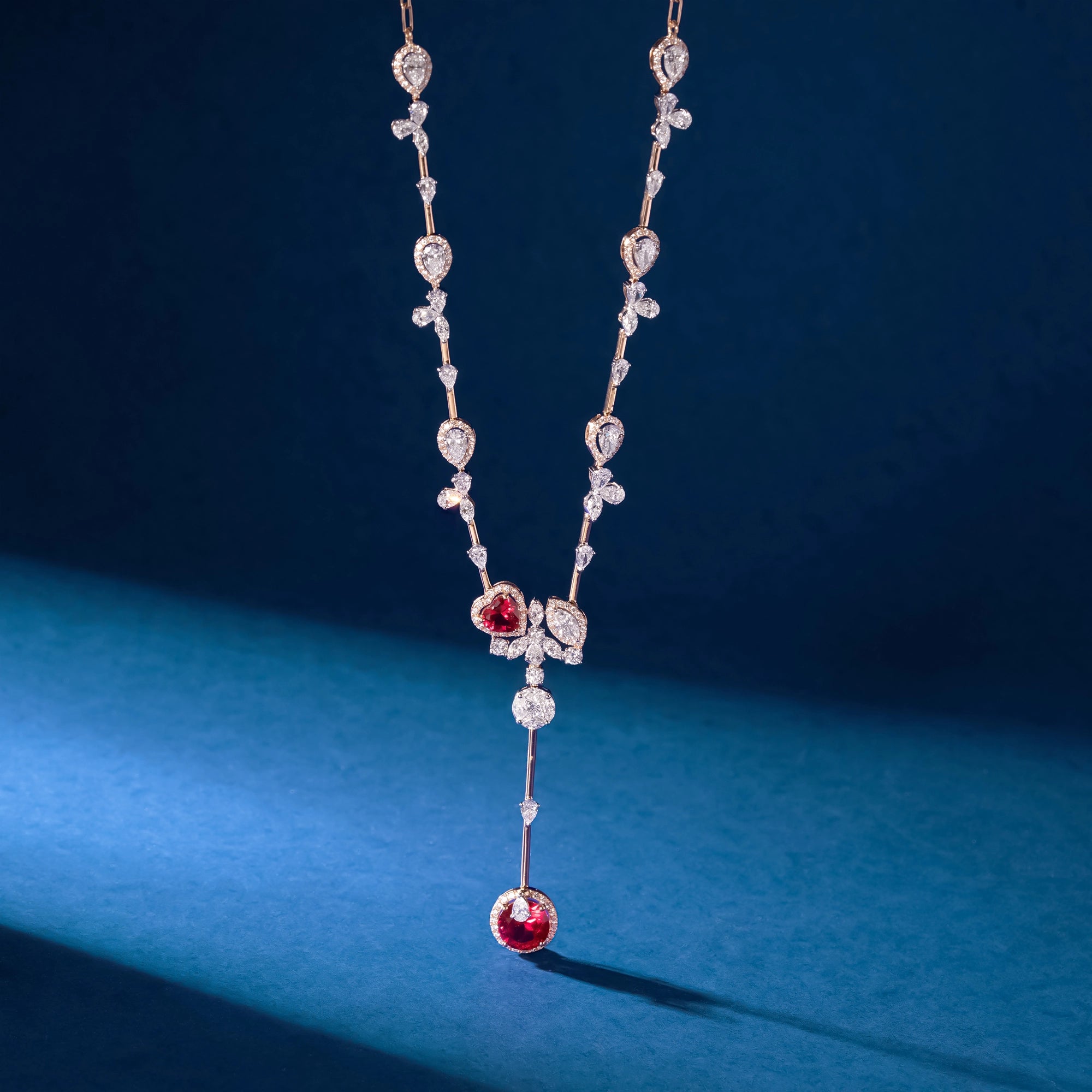 Ruby & Diamond Pear Station Lariat Necklace