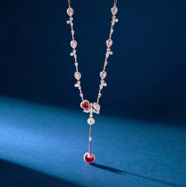 Ruby & Diamond Pear Station Lariat Necklace