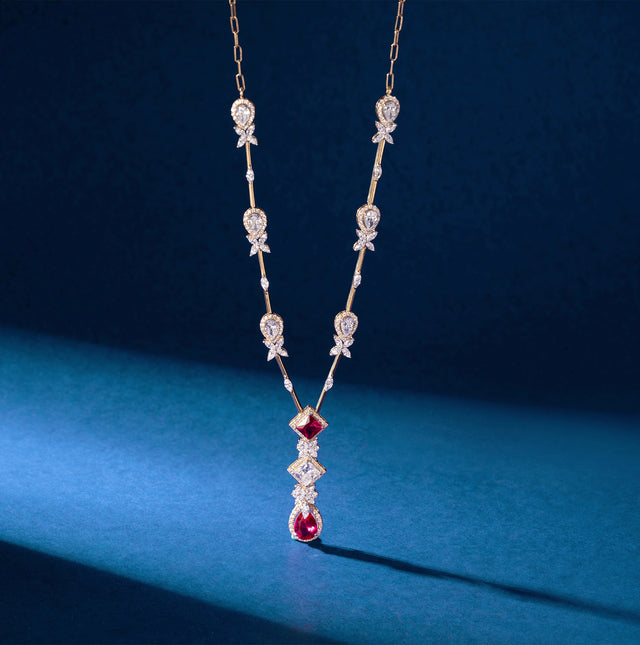 Ruby Pear & Princess Cut Diamond Station Drop Necklace