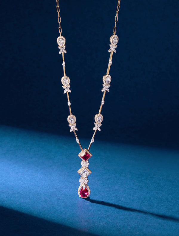 Ruby Pear & Princess Cut Diamond Station Drop Necklace