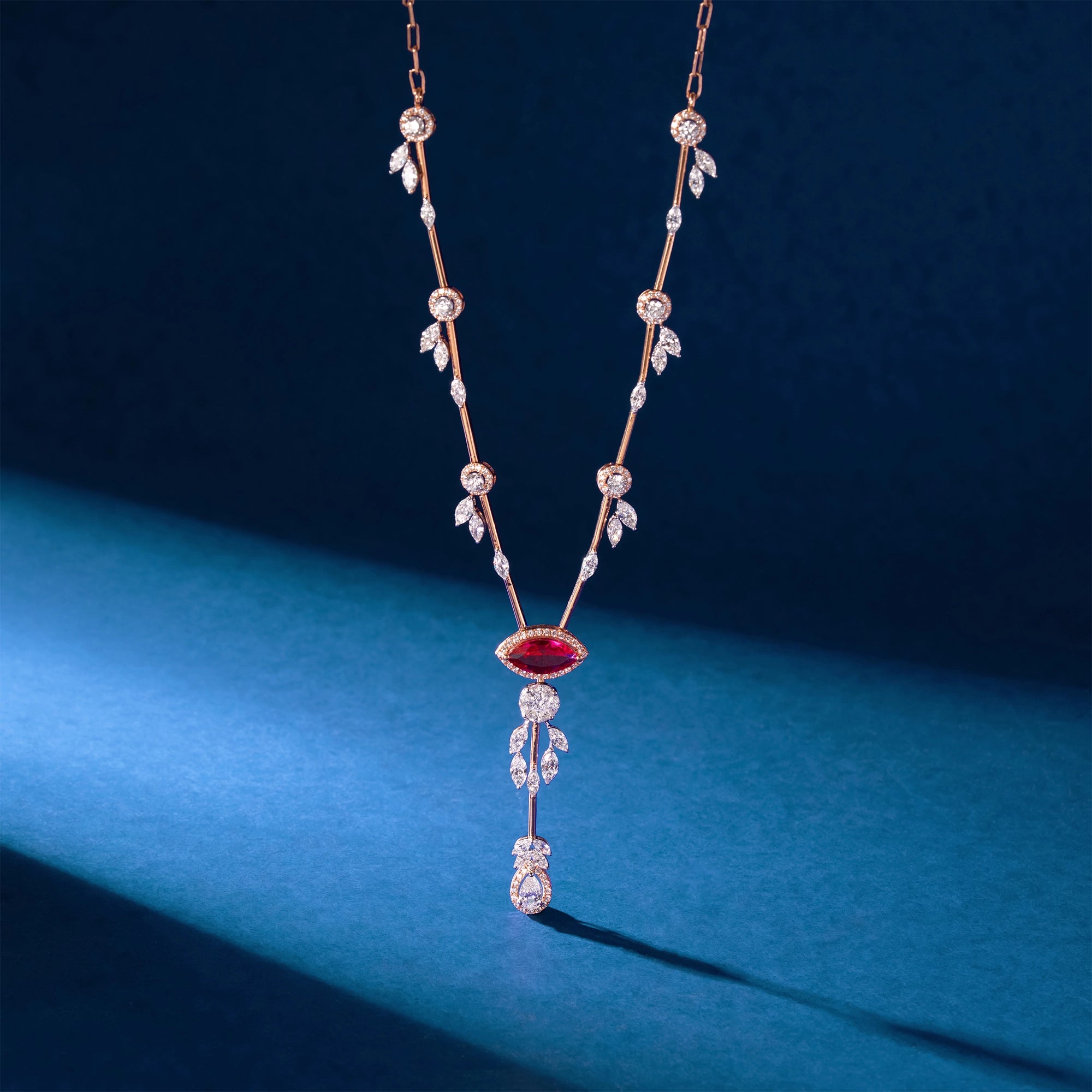 Ruby Marquise & Diamond Leaf Station Lariat Necklace