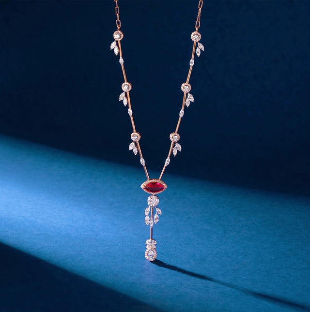 Ruby Marquise & Diamond Leaf Station Lariat Necklace