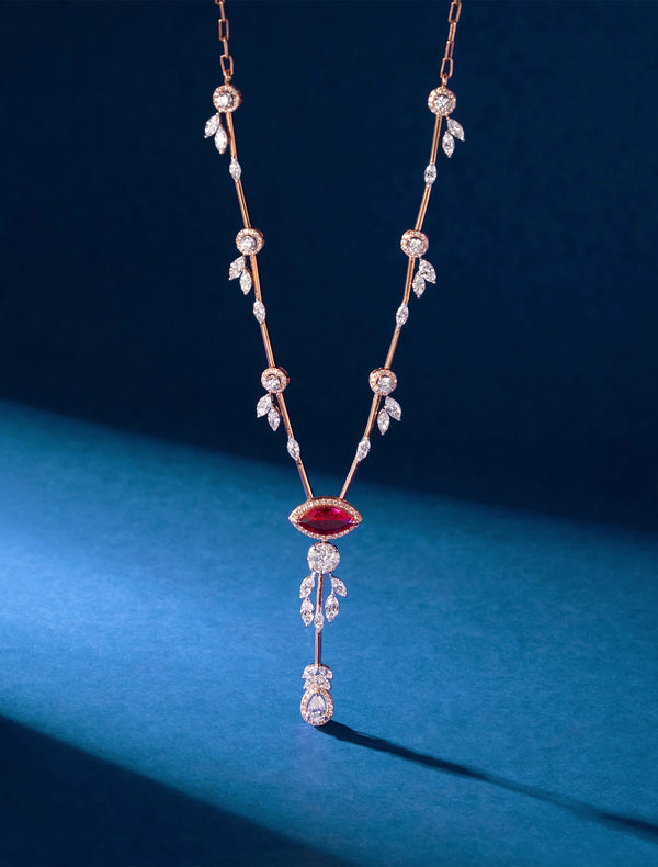 Ruby Marquise & Diamond Leaf Station Lariat Necklace