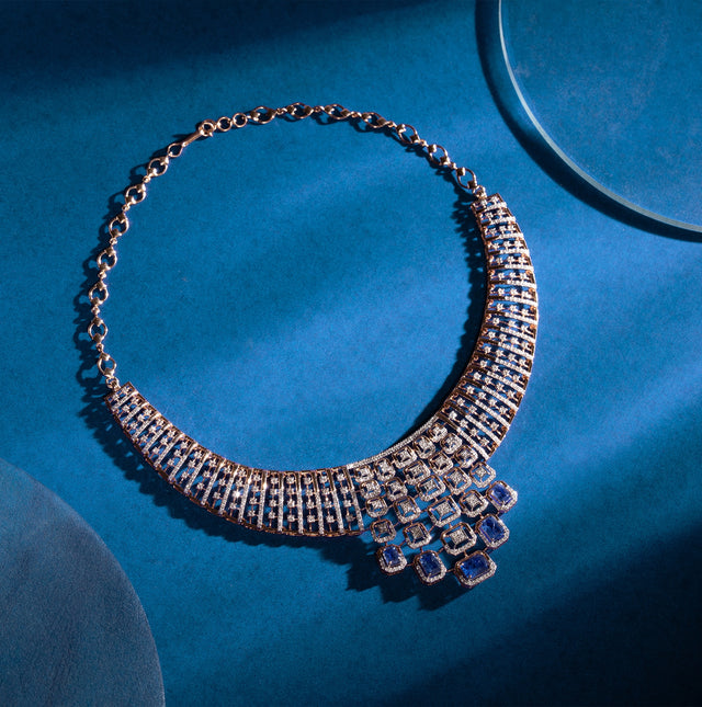 Blue Sapphire & Diamond Lattice Bib Collar Necklace