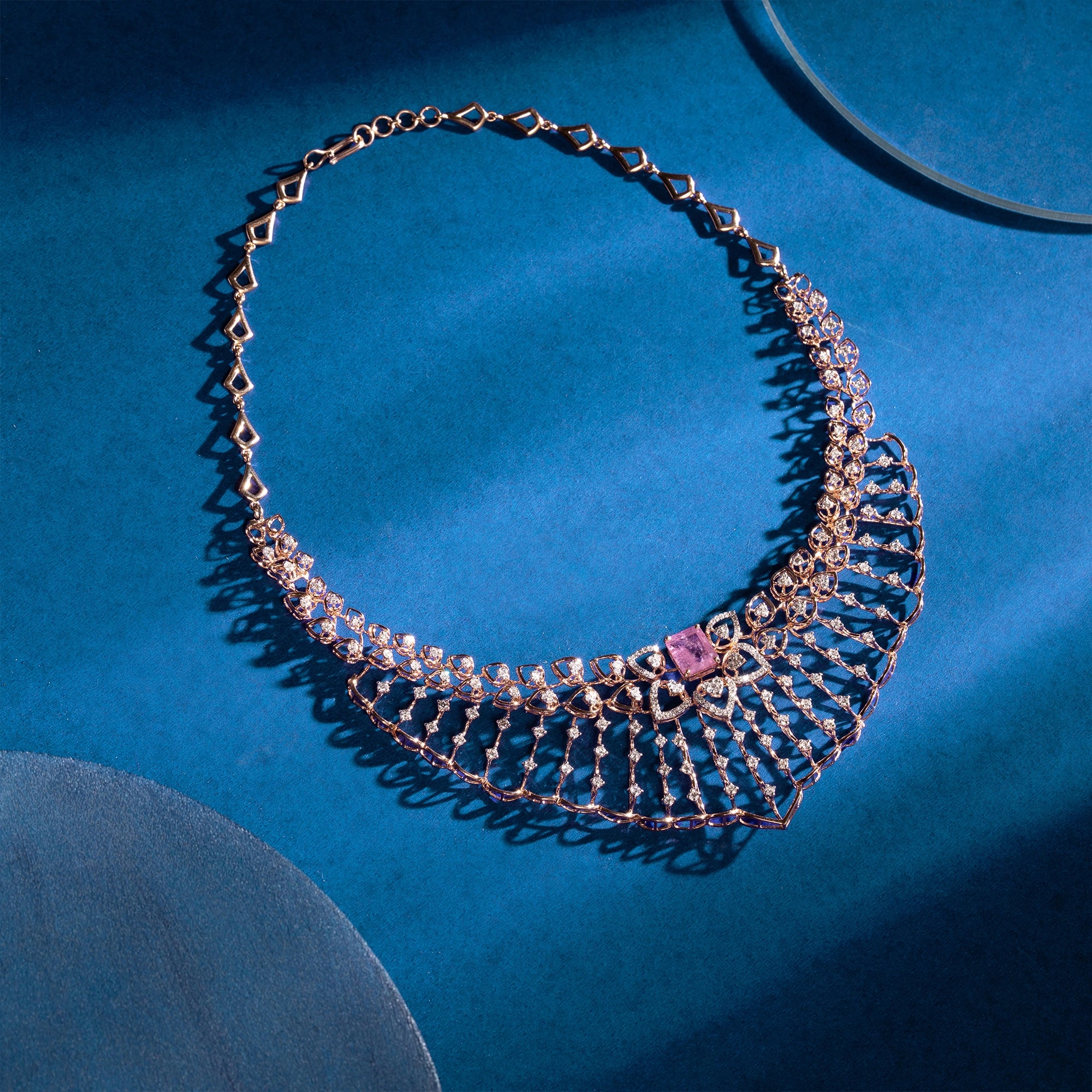 Pink Sapphire & Diamond Fan Lace Bib Necklace