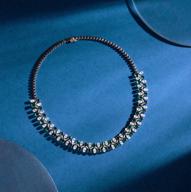Emerald & Diamond Alternating Cluster Collar Necklace