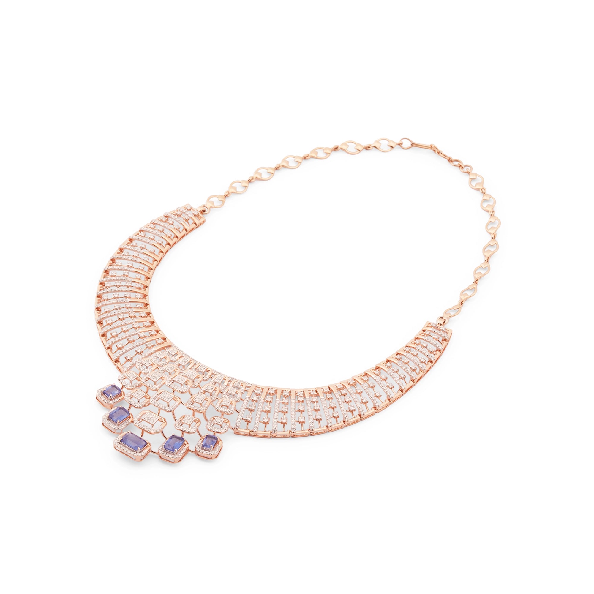 Blue Sapphire & Diamond Lattice Bib Collar Necklace