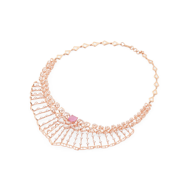Pink Sapphire & Diamond Fan Lace Bib Necklace