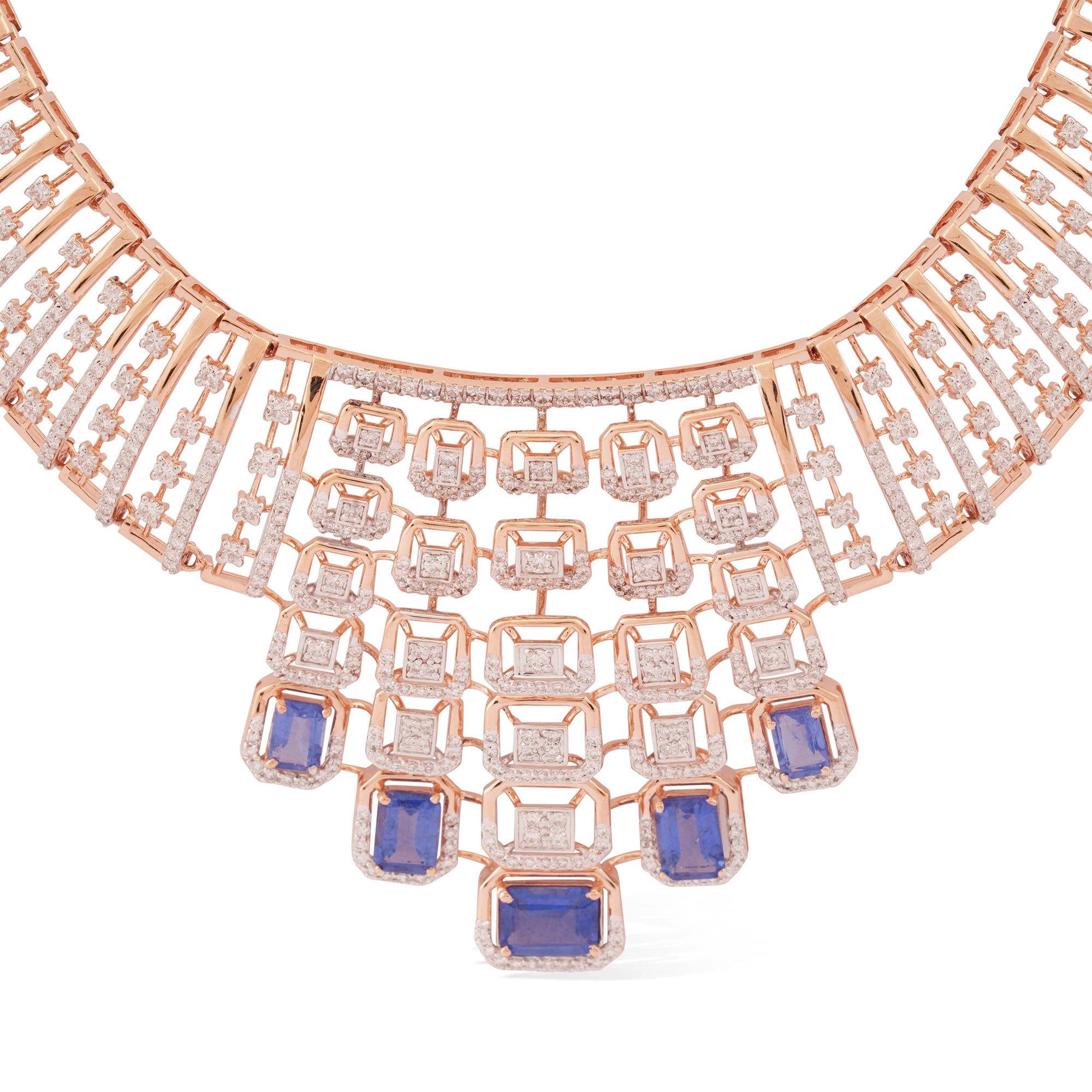 Blue Sapphire & Diamond Lattice Bib Collar Necklace