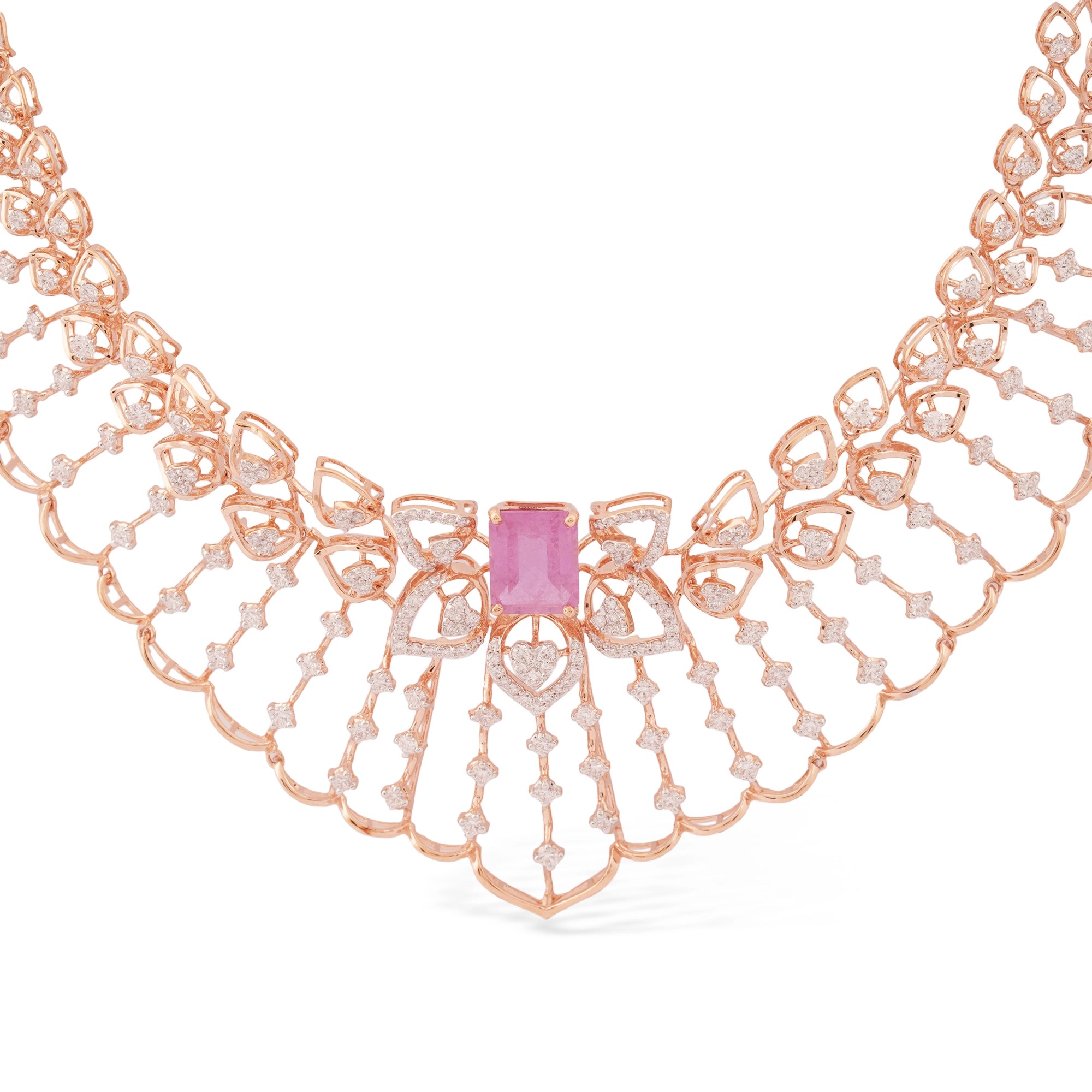 Pink Sapphire & Diamond Fan Lace Bib Necklace