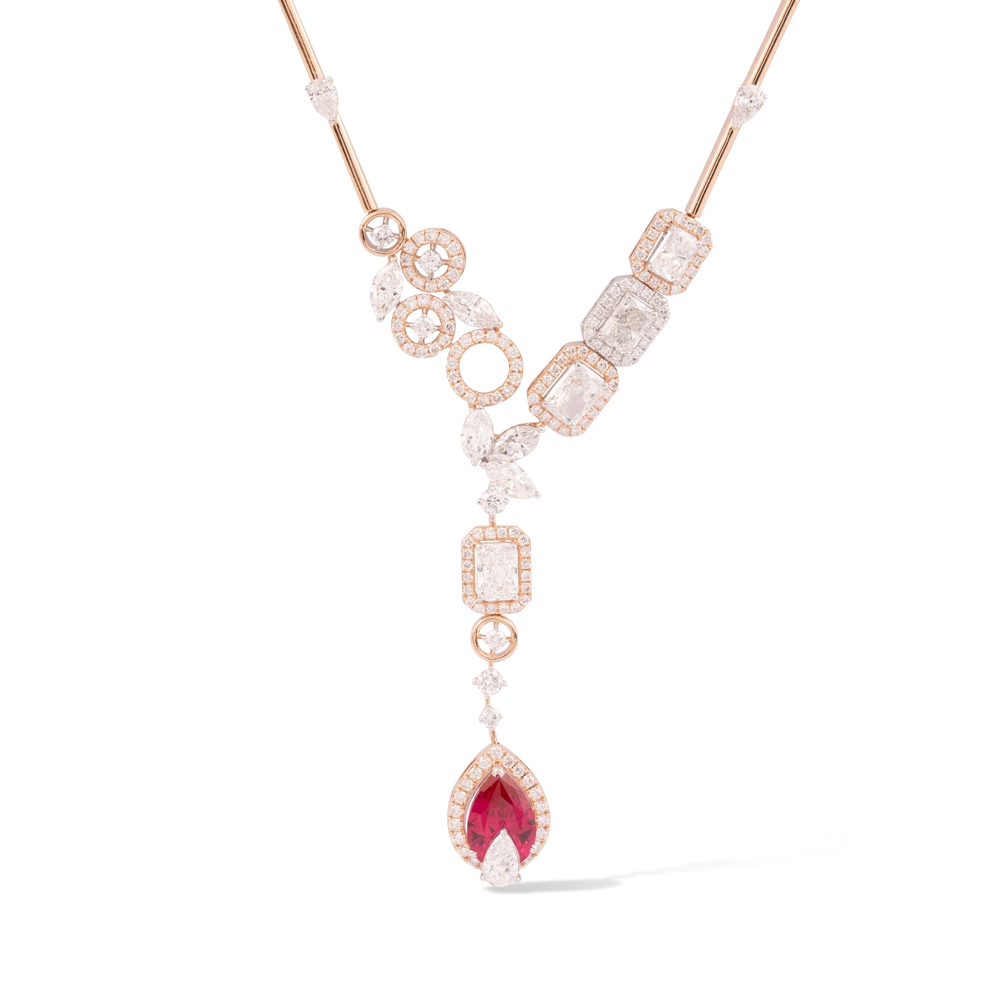 Ruby Pear & Diamond Geometric Station Drop Necklace