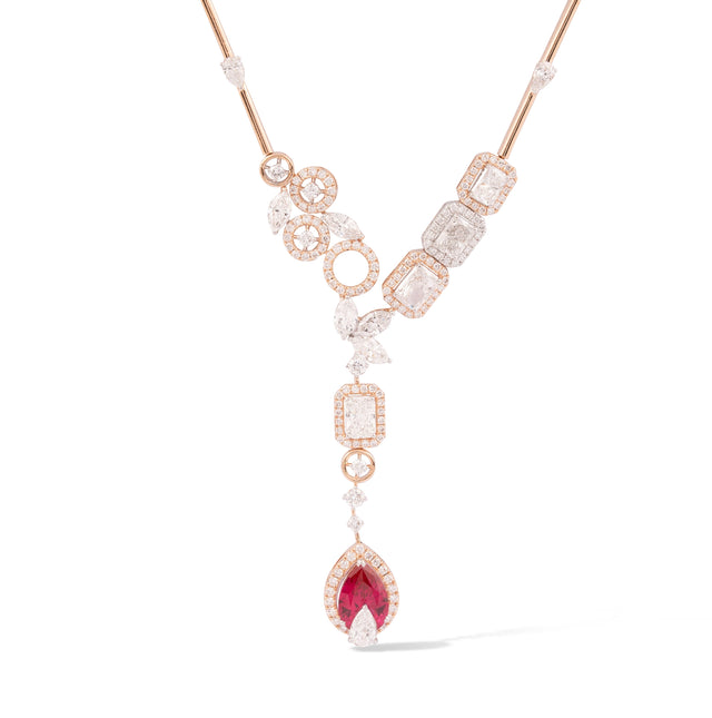 Ruby Pear & Diamond Geometric Station Drop Necklace