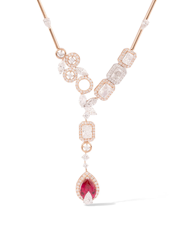 Ruby Pear & Diamond Geometric Station Drop Necklace