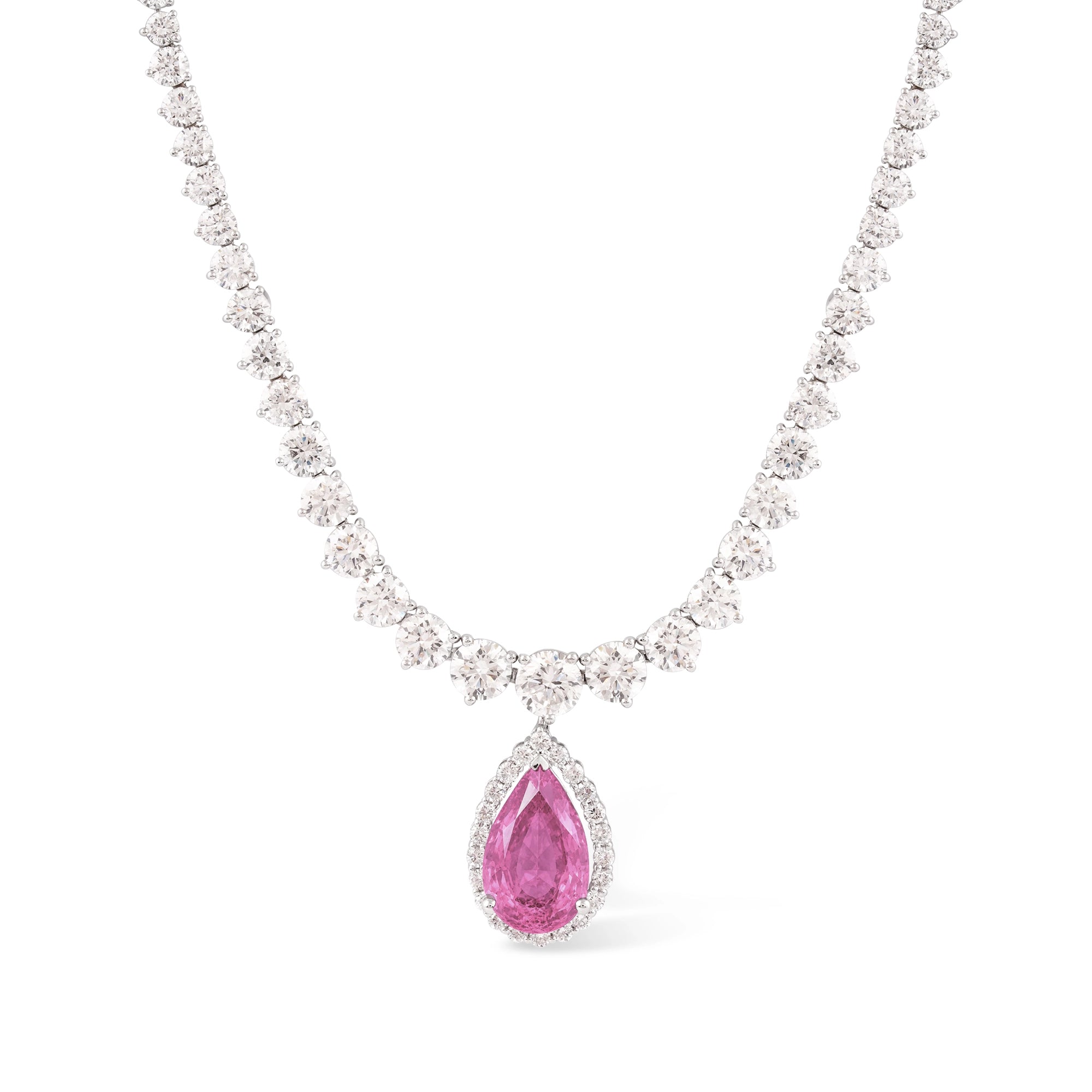 Pink Sapphire Pear Halo Diamond Tennis Necklace