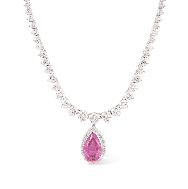 Pink Sapphire Pear Halo Diamond Tennis Necklace