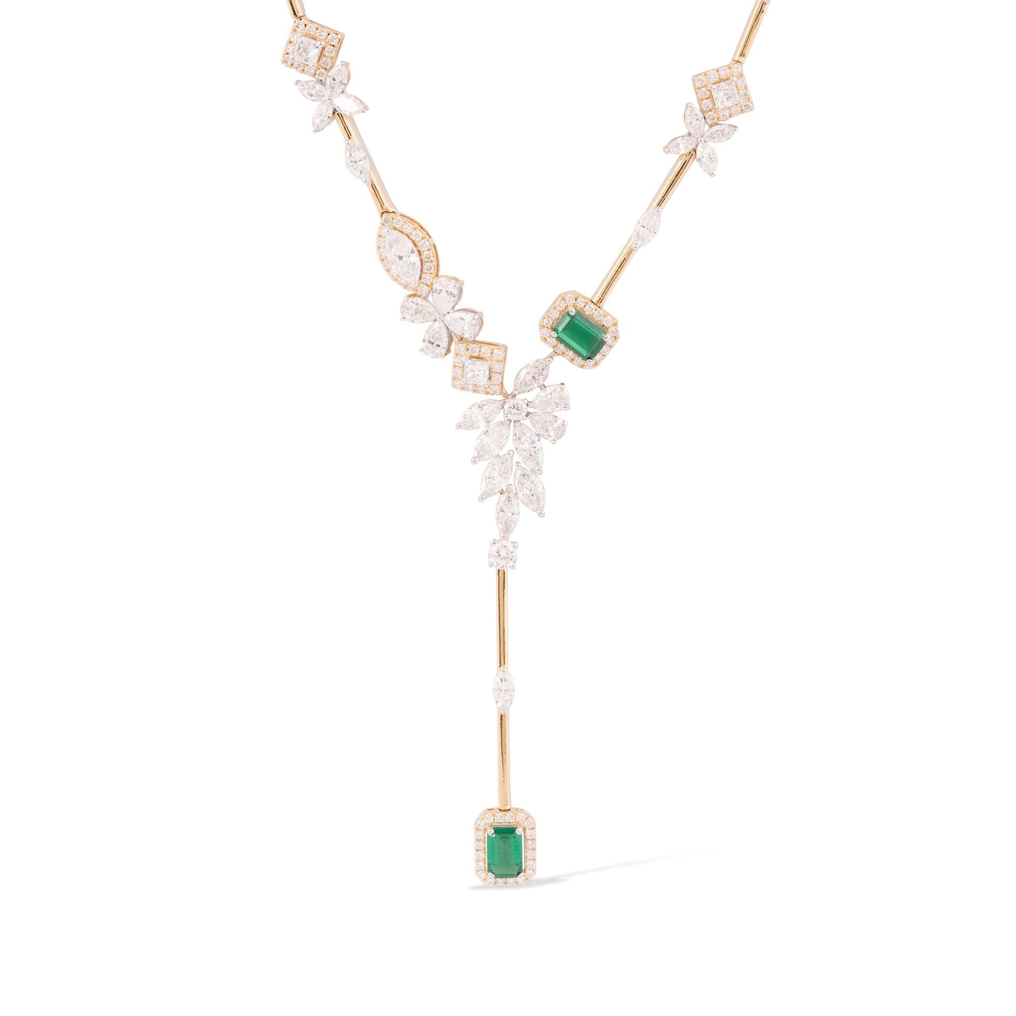 Emerald & Diamond Marquise Leaf Station Bar Necklace