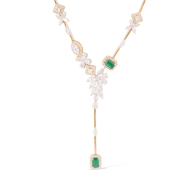 Emerald & Diamond Marquise Leaf Station Bar Necklace