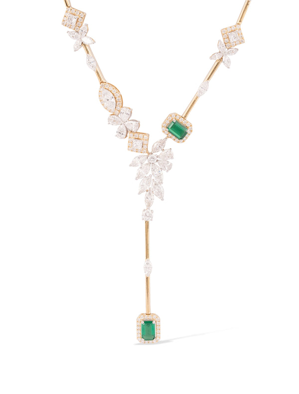 Emerald & Diamond Marquise Leaf Station Bar Necklace