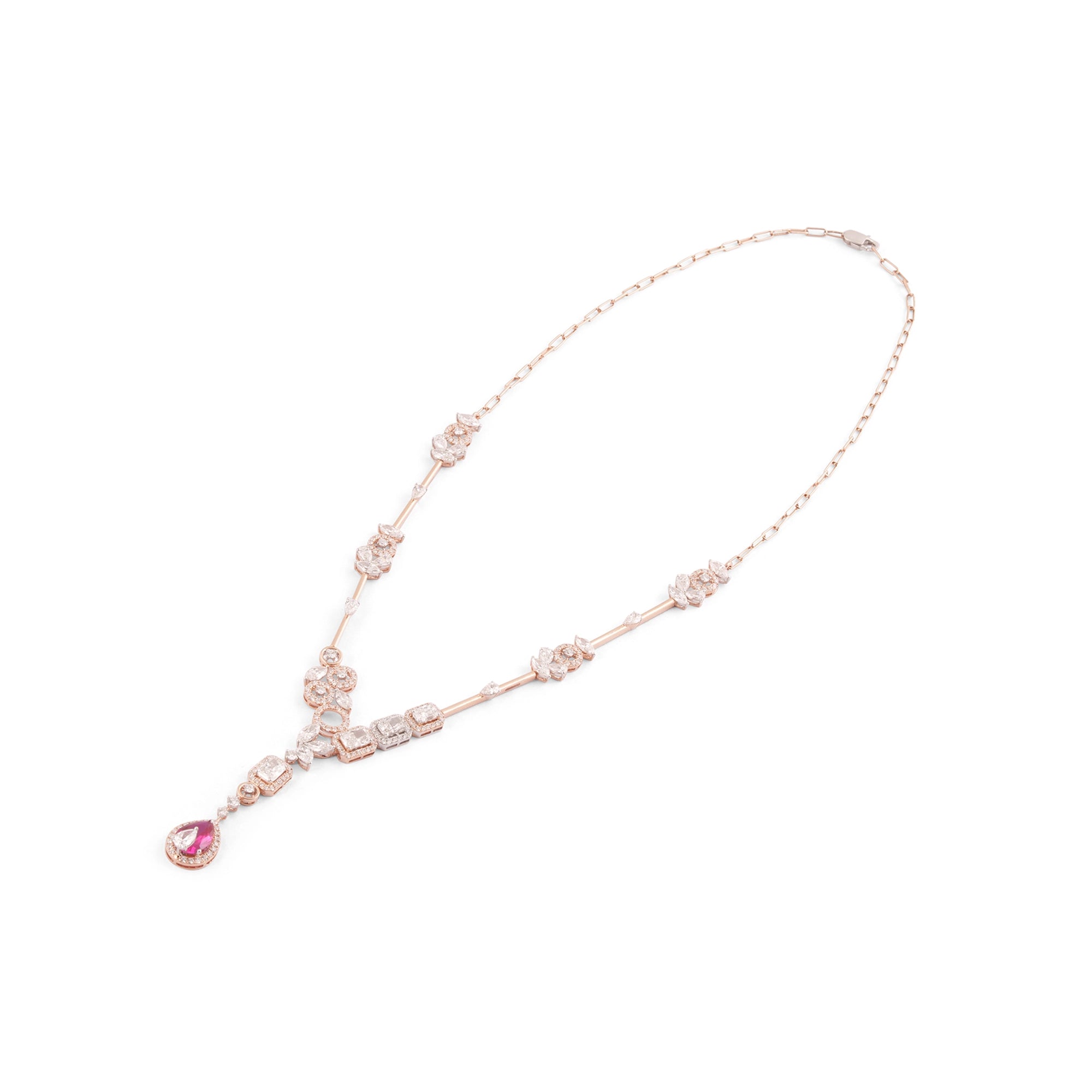 Ruby Pear & Diamond Geometric Station Drop Necklace