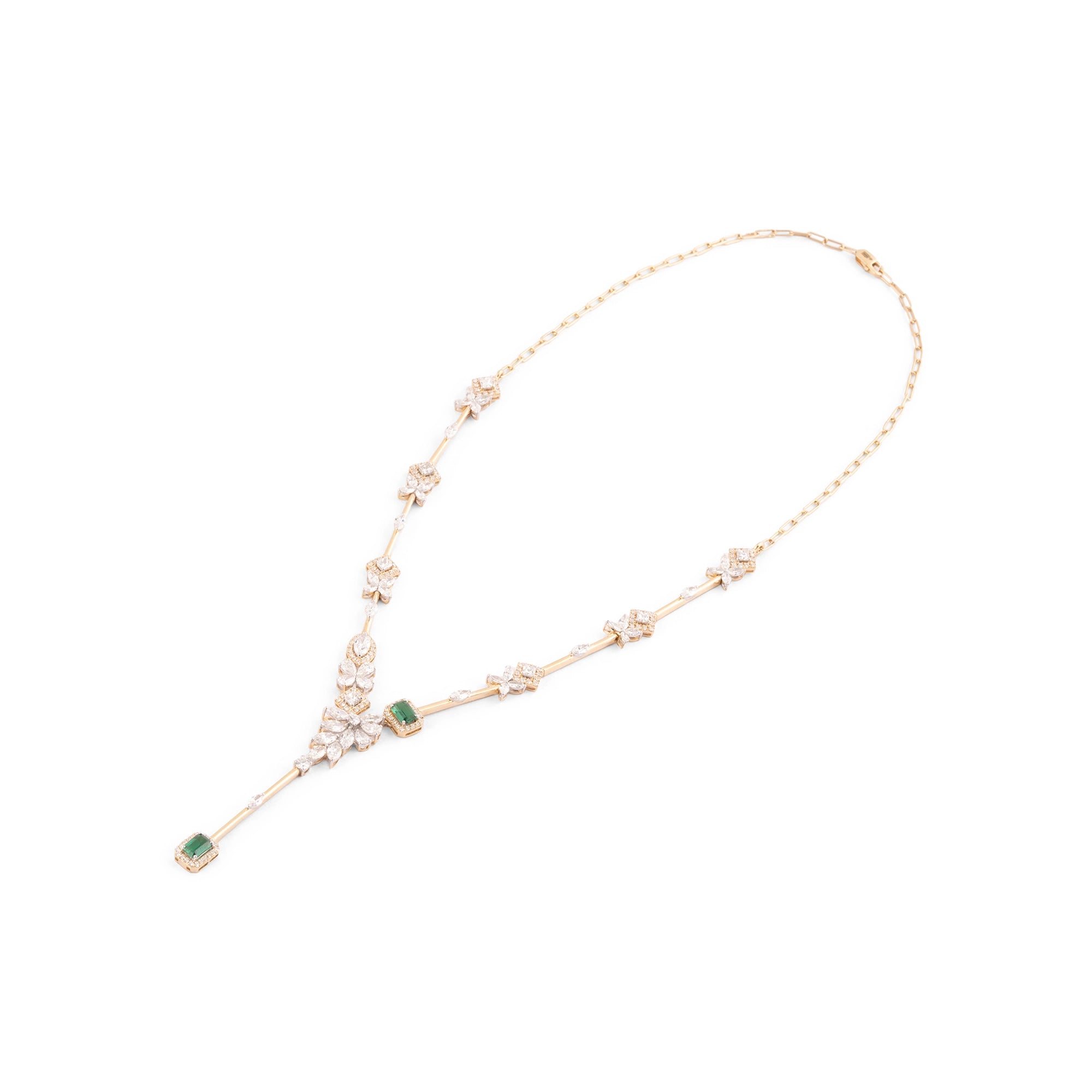 Emerald & Diamond Marquise Leaf Station Bar Necklace