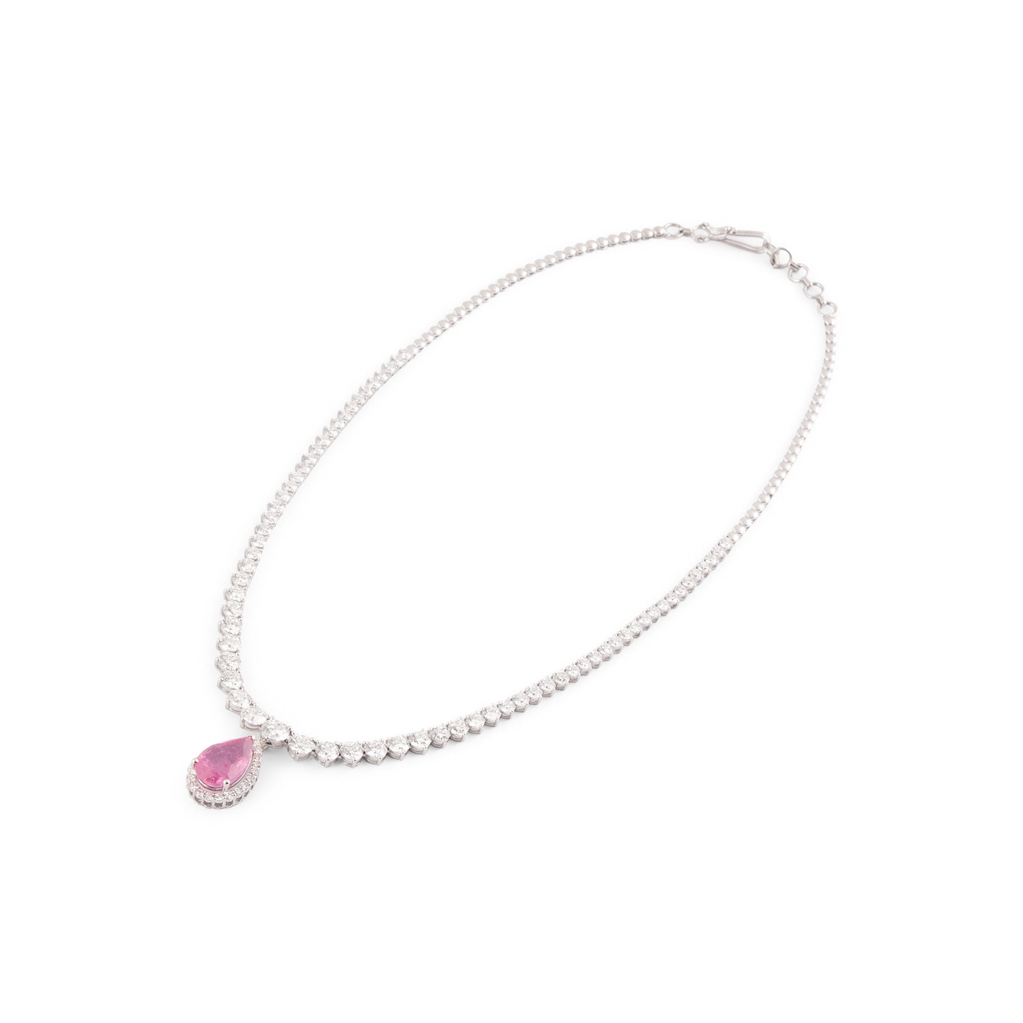 Pink Sapphire Pear Halo Diamond Tennis Necklace