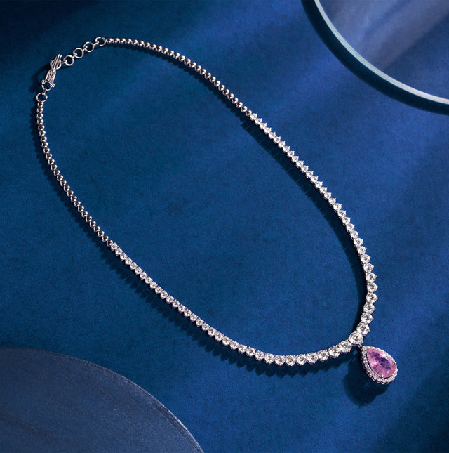 Pink Sapphire Pear Halo Diamond Tennis Necklace