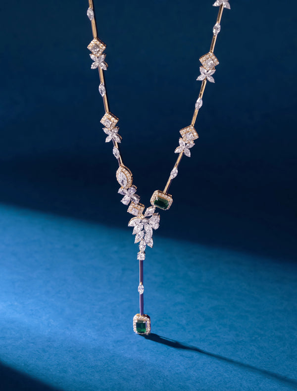 Emerald & Diamond Marquise Leaf Station Bar Necklace