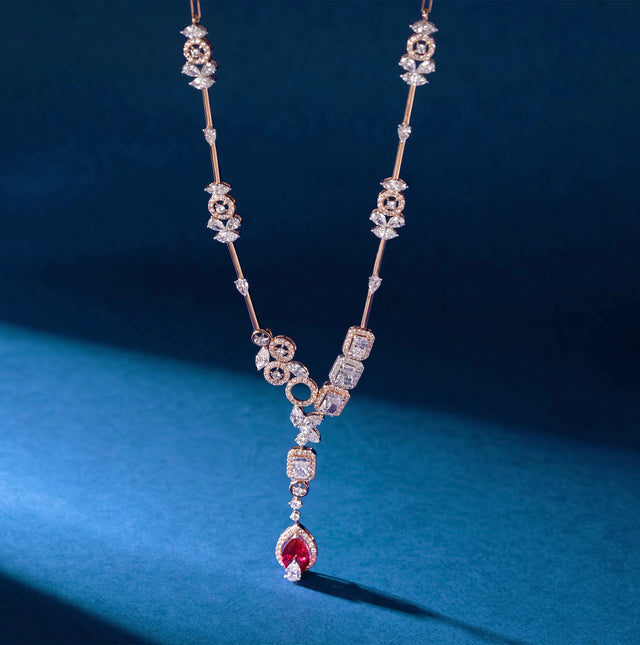 Ruby Pear & Diamond Geometric Station Drop Necklace