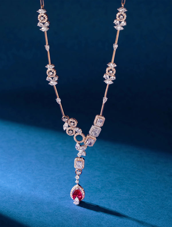 Ruby Pear & Diamond Geometric Station Drop Necklace