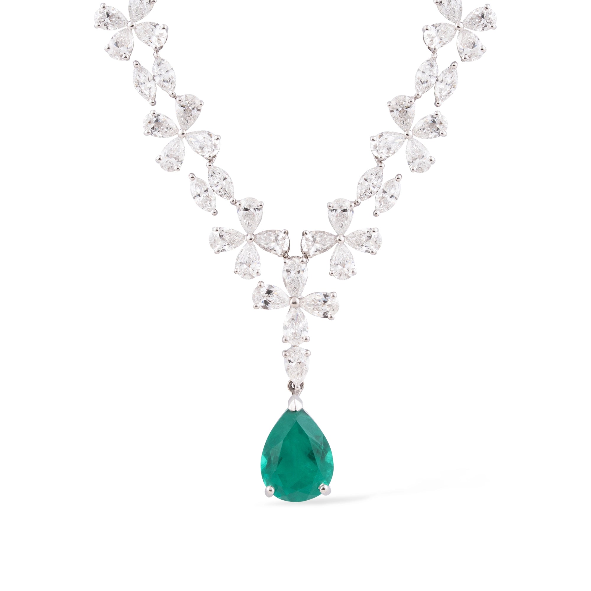 Floral Vine Diamond Necklace with Emerald Drop
