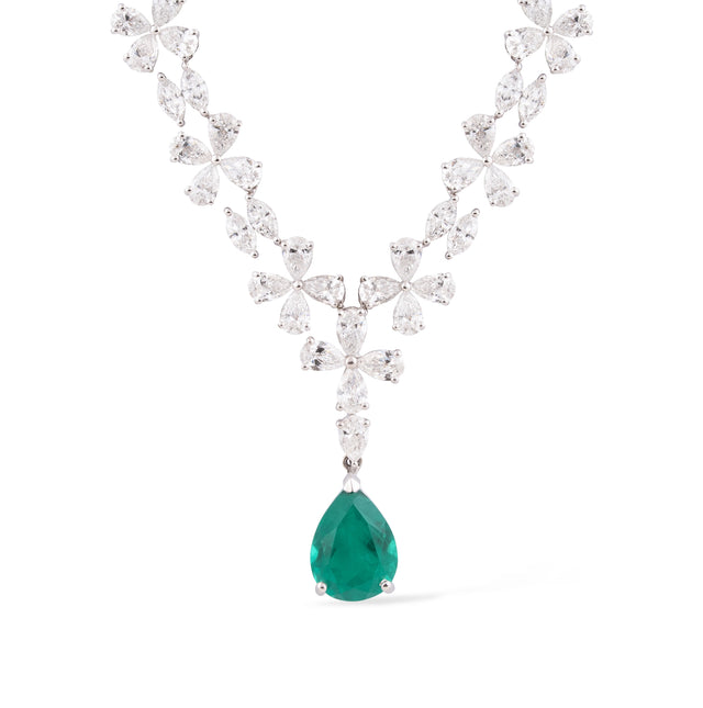 Floral Vine Diamond Necklace with Emerald Drop