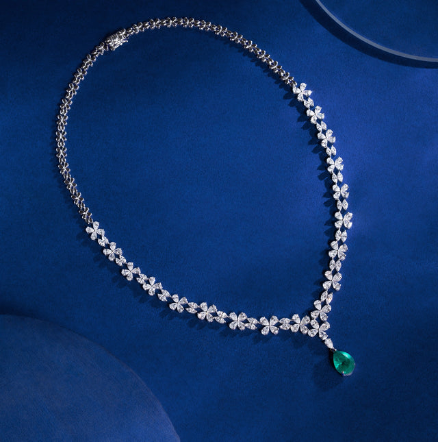 Floral Vine Diamond Necklace with Emerald Drop